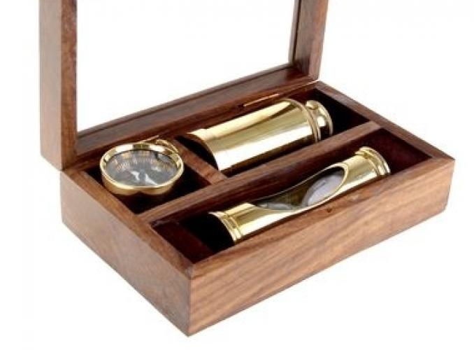 Сувенирный набор в шкатулке Командор (песочные часы, компас, подзорная труба)